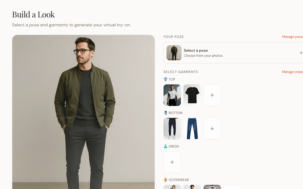 Builder page showing the preview area and selected garments.