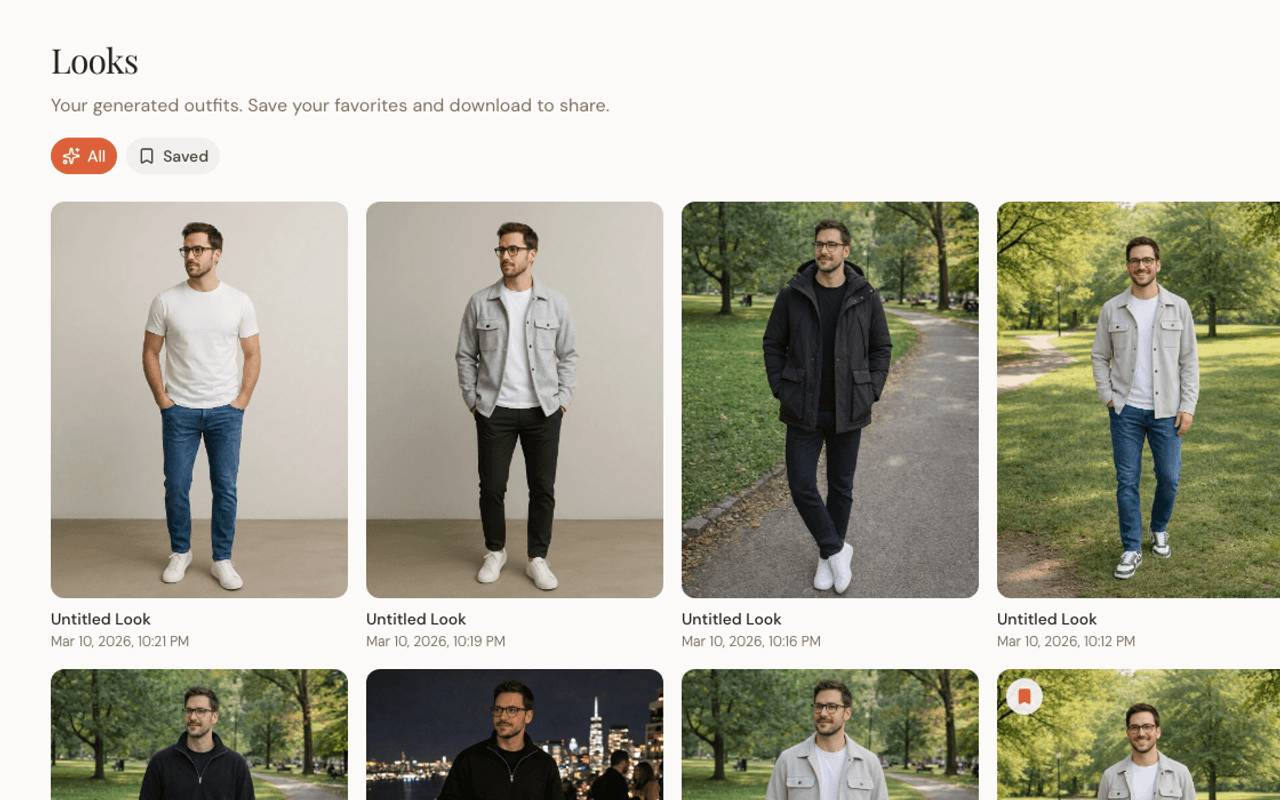 Looks page showing a gallery of generated outfits.