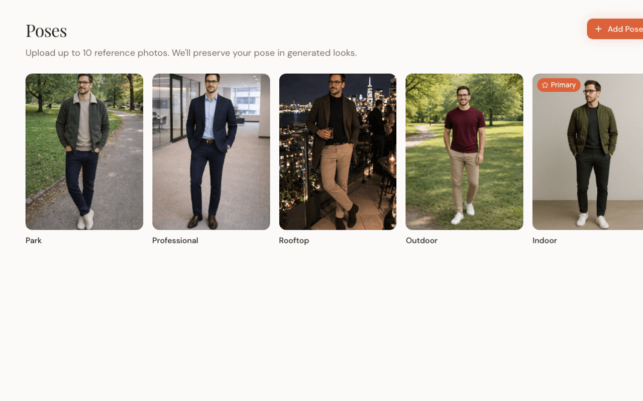 Poses page showing several reference photos with one marked as primary.