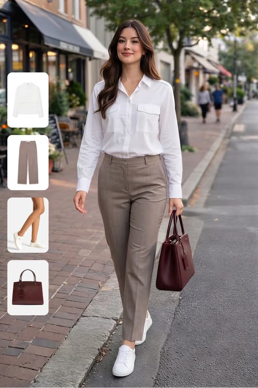 Woman wearing minimalist neutral outfit: white shirt, taupe trousers, beige sneaker, brown leather bag