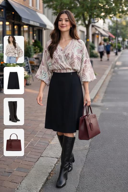 Woman wearing bold modern outfit: patterned blouse, black midi skirt, black boots, burgundy bag