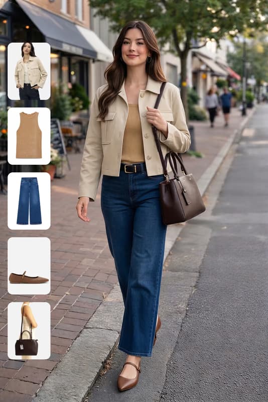 Woman wearing sophisticated layered outfit: cream blazer, blue jeans, brown leather sneaker, brown bag