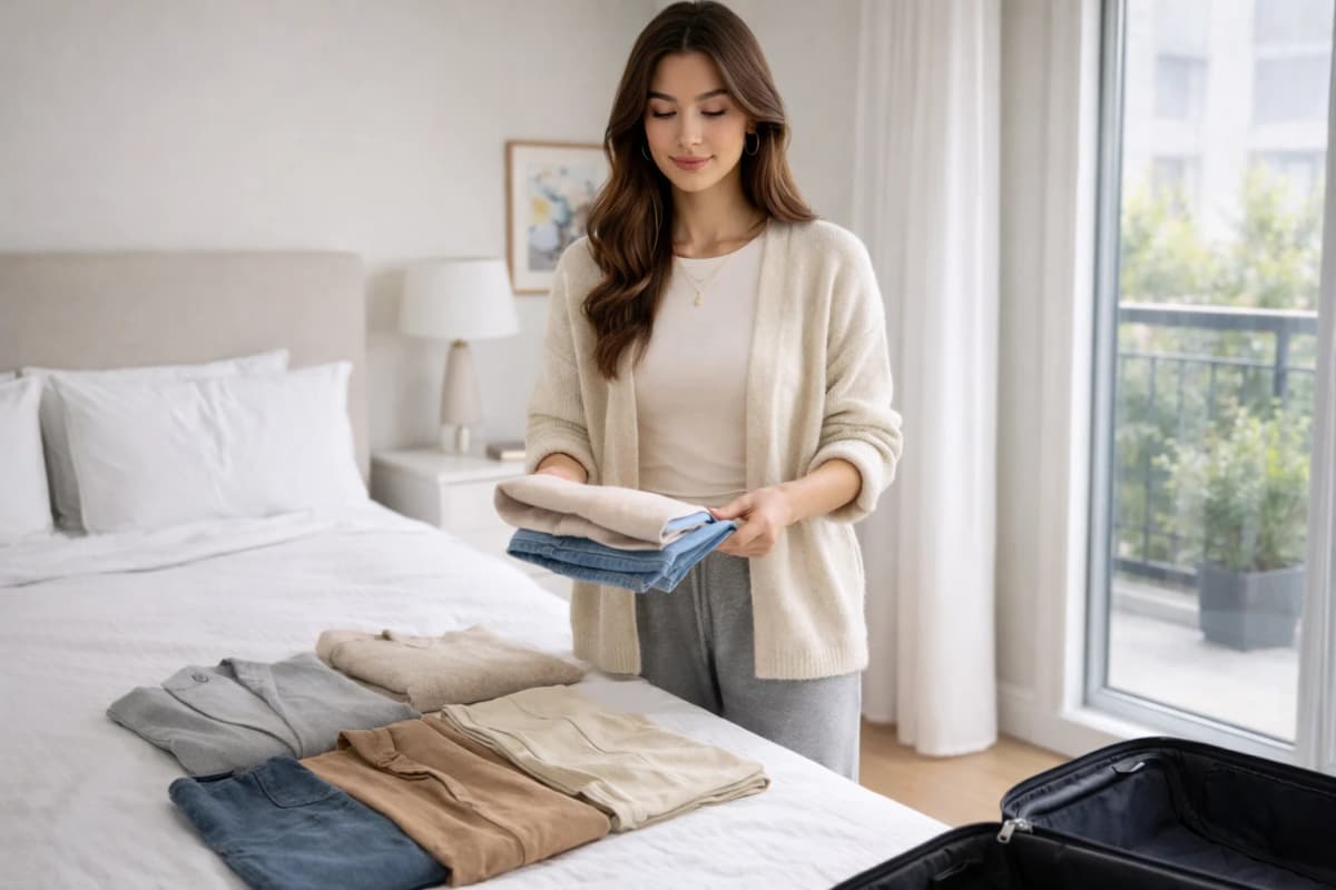 Woman reviewing and comparing clothing pieces for city trip packing