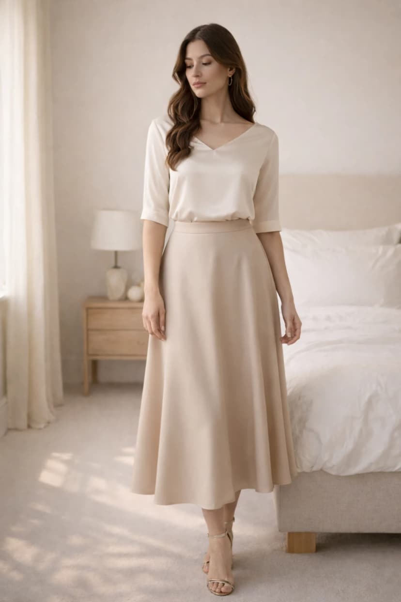 Woman wearing a cream blouse and flowing midi skirt, an understated elegant option for any event