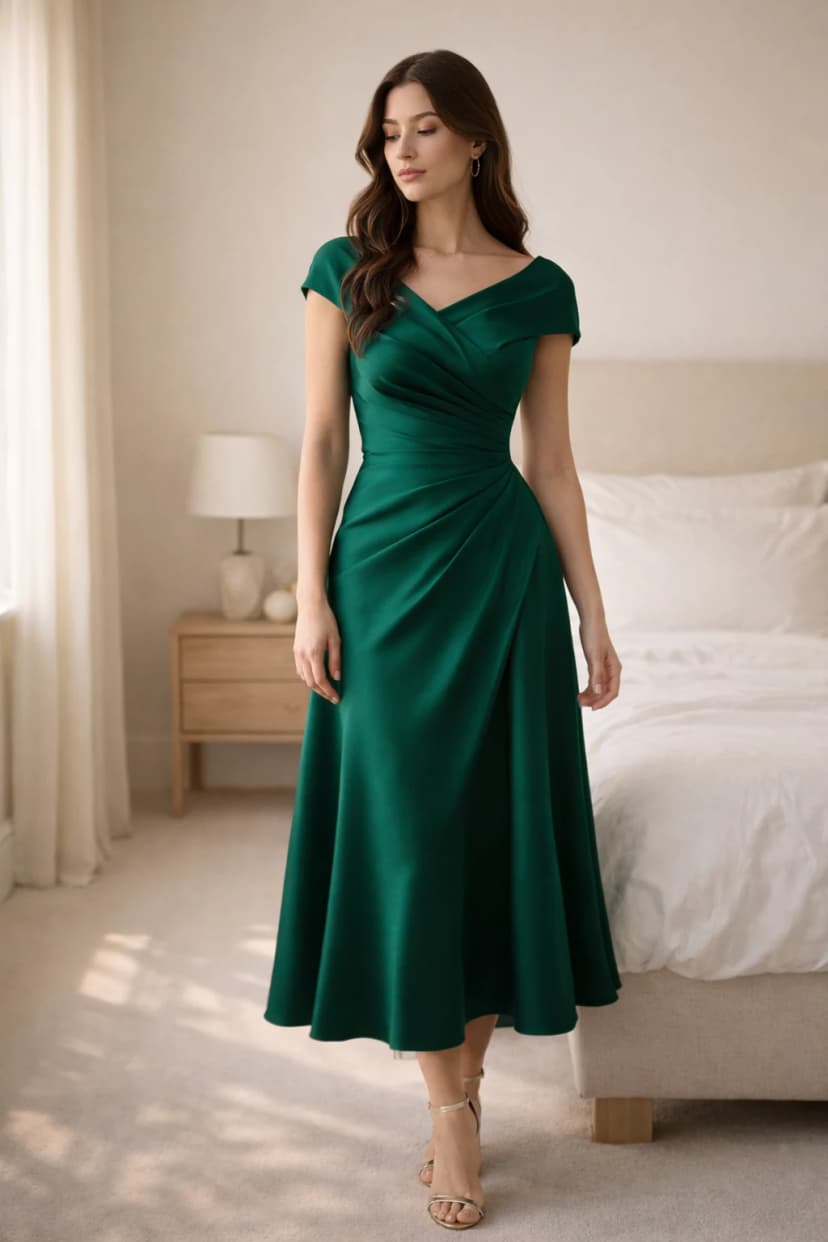 Woman wearing an elegant emerald green statement dress with wrap neckline and flowing skirt