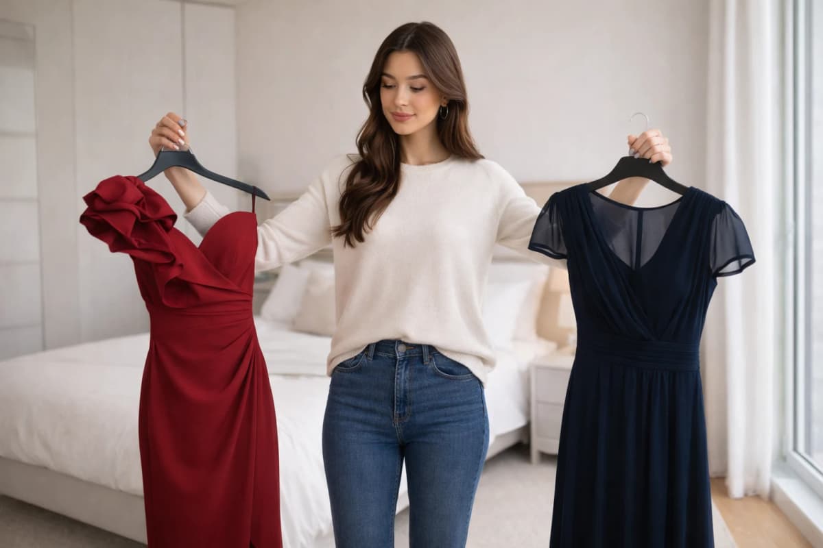 Woman comparing formal dress options for a wedding event