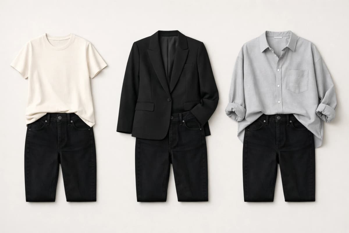 Product photo showing three outfit variations built from one base of black bottoms