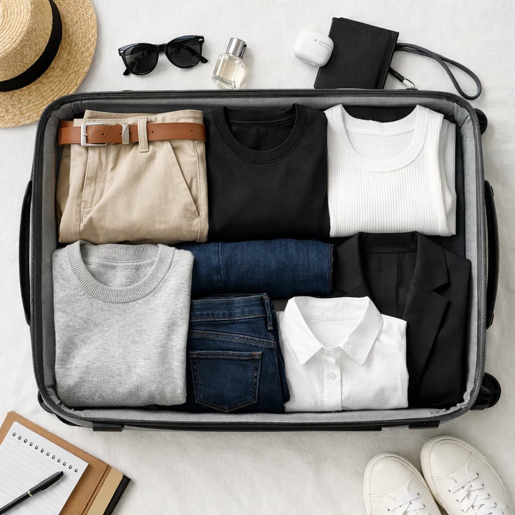 Overhead view of an organized suitcase with folded clothing and accessories