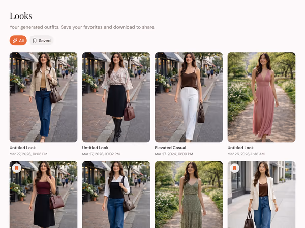 Looks page showing a gallery of generated outfits.